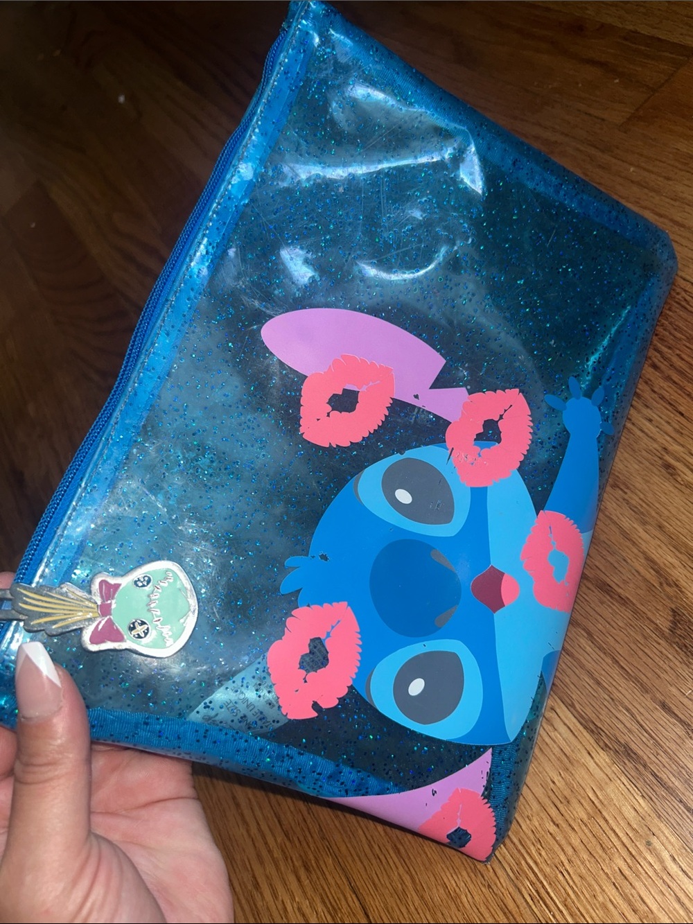 Disney Blue Glitter Stitch Pencil Case Pouch with Pink Kiss Accents